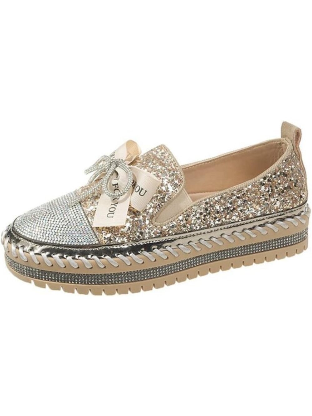 Women's Gold Fashion Rhinestone Slip On Comfort Bowknot Glitter Bling Shoes